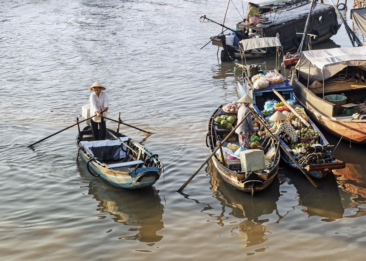 boat, river, water, countryside, woman, trade, nature, deal, farmers market
